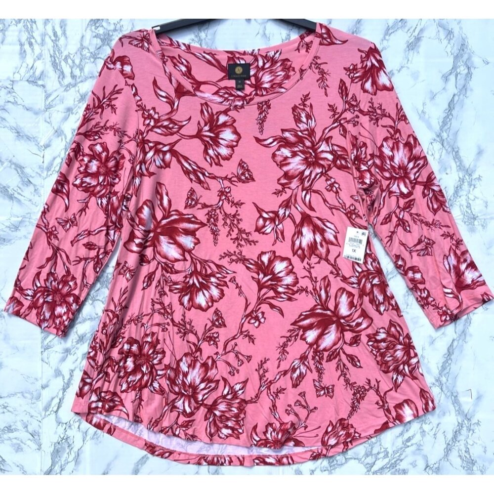 JM Collection Womens Pink Floral 3/4 Sleeve Top 1X  Rayon Blend Peach Kiss